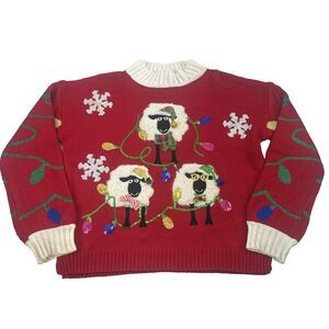 Celebrate Together Christmas Sweater Sheep Light Snowflakes Sequins Women Medium